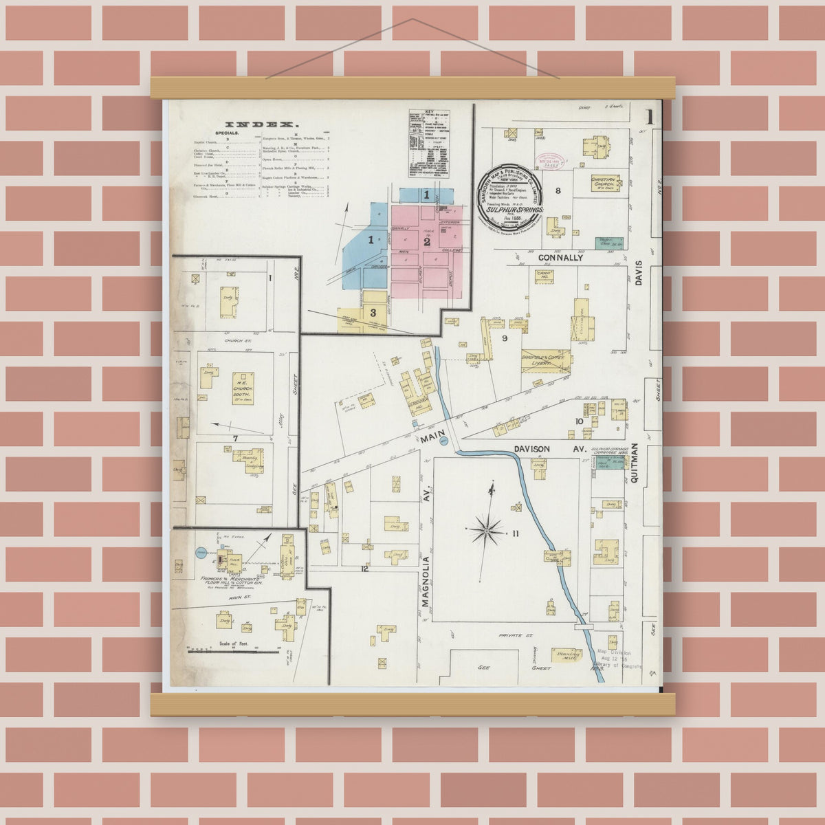 Old map wall art mockup — magnetic wood frame on brick wall — Sanborn Fire Insurance Map from Sulphur Springs, Hopkins County, Texas (1888), Sheet #0001