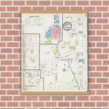 Old map wall art mockup — magnetic wood frame on brick wall — Sanborn Fire Insurance Map from Sulphur Springs, Hopkins County, Texas (1888), Sheet #0001