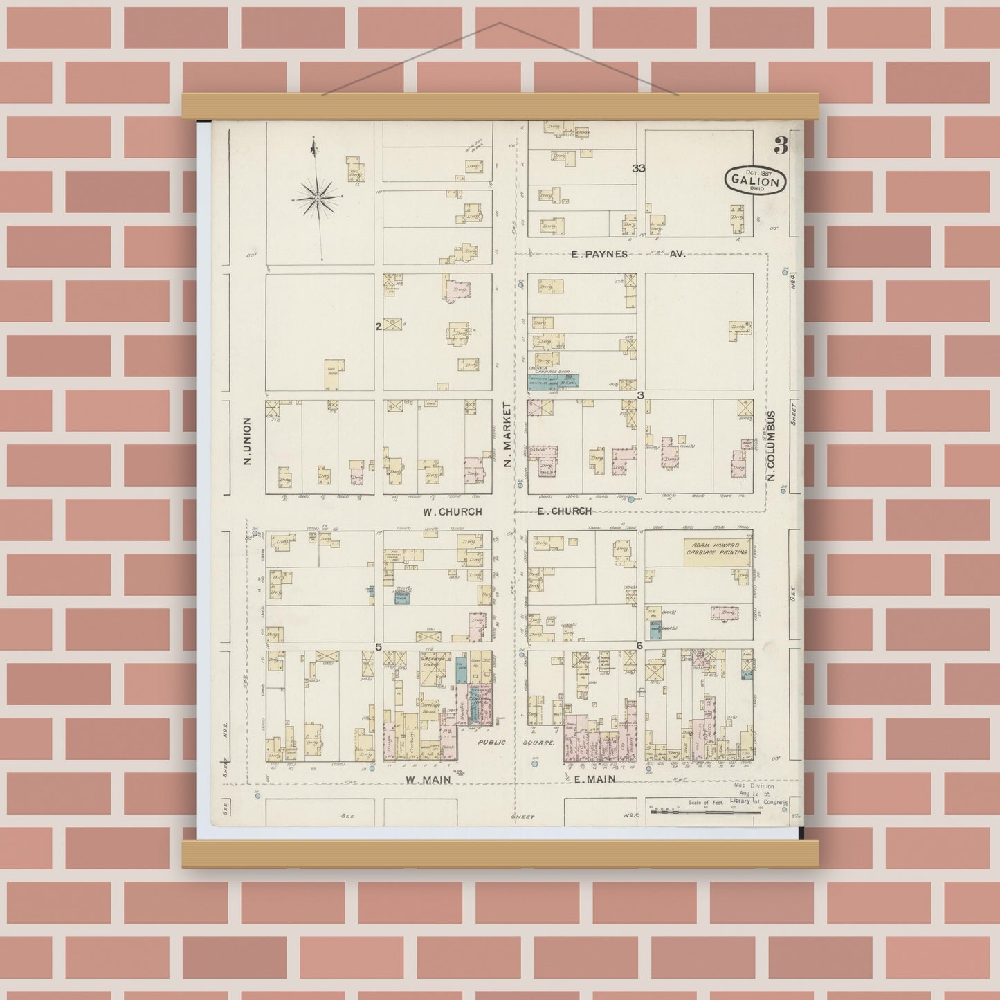Old map wall art mockup — magnetic wood frame on brick wall — Sanborn Fire Insurance Map from Galion, Crawford County, Ohio (1887), Sheet #0003