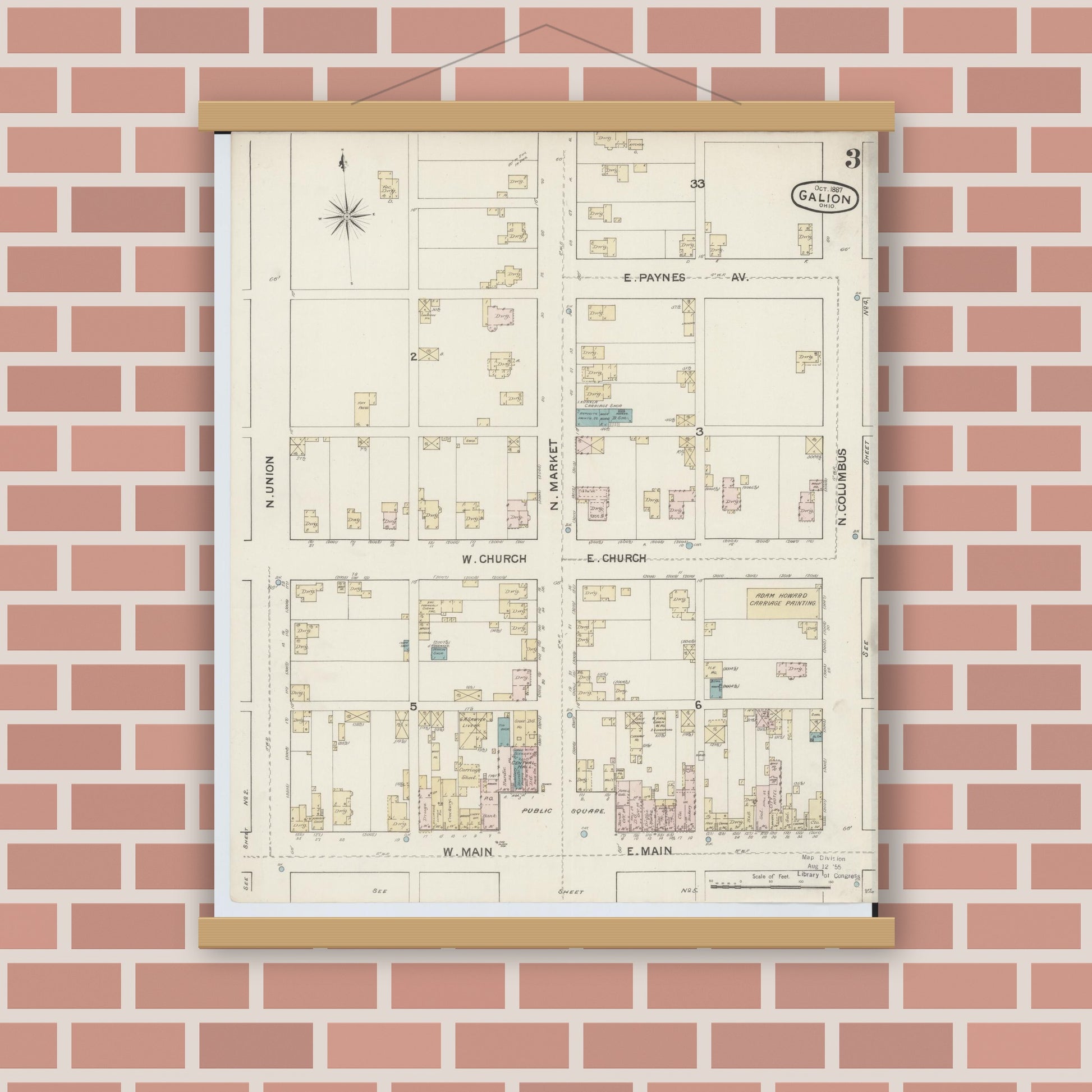 Old map wall art mockup — magnetic wood frame on brick wall — Sanborn Fire Insurance Map from Galion, Crawford County, Ohio (1887), Sheet #0003