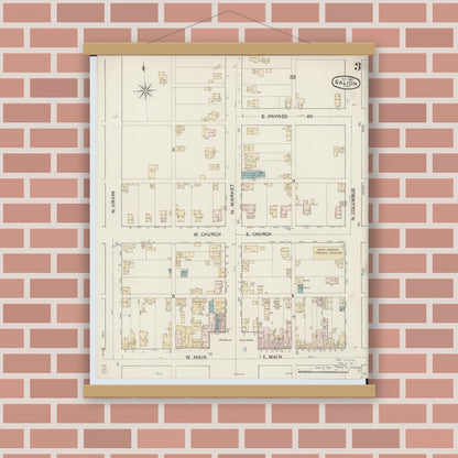 Old map wall art mockup — magnetic wood frame on brick wall — Sanborn Fire Insurance Map from Galion, Crawford County, Ohio (1887), Sheet #0003