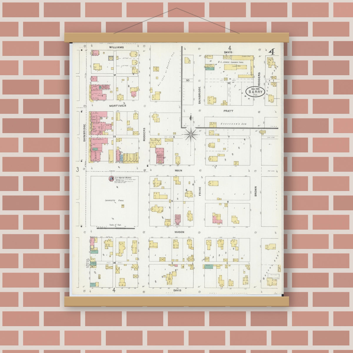 Old map wall art mockup — magnetic wood frame on brick wall — Sanborn Fire Insurance Map from Barry, Pike County, Illinois (1905), Sheet #0004