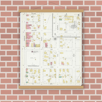 Old map wall art mockup — magnetic wood frame on brick wall — Sanborn Fire Insurance Map from Barry, Pike County, Illinois (1905), Sheet #0004
