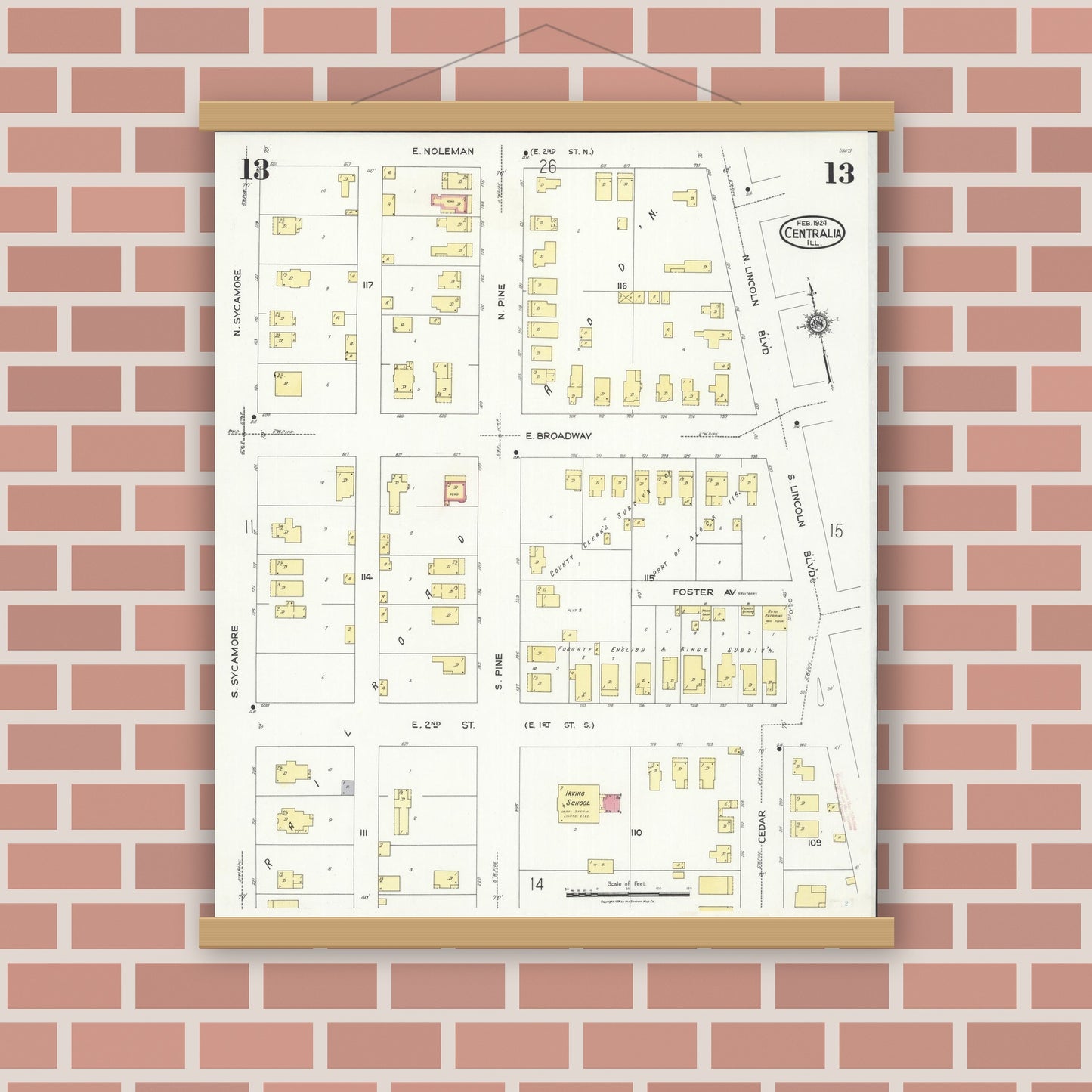 Old map wall art mockup — magnetic wood frame on brick wall — Sanborn Fire Insurance Map from Centralia, Marion, Clinton, Jefferson, and Washington Counties, Illinois (1924), Sheet #0013