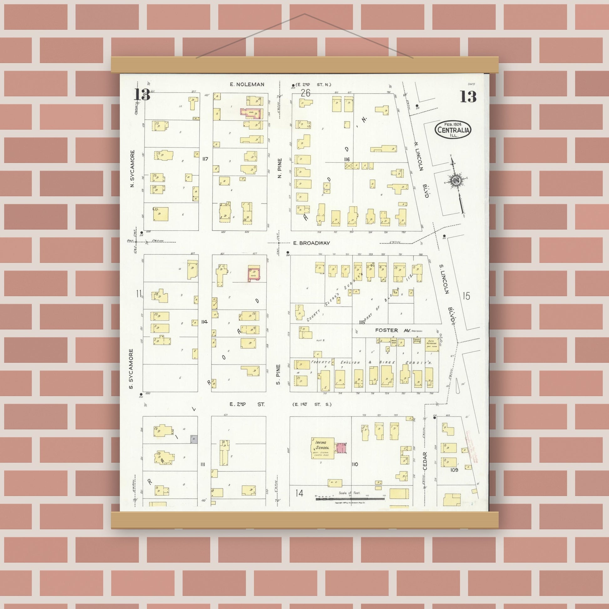 Old map wall art mockup — magnetic wood frame on brick wall — Sanborn Fire Insurance Map from Centralia, Marion, Clinton, Jefferson, and Washington Counties, Illinois (1924), Sheet #0013