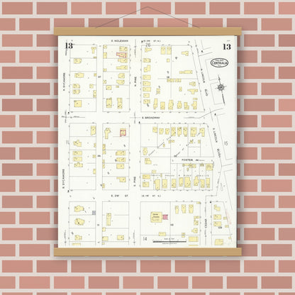 Old map wall art mockup — magnetic wood frame on brick wall — Sanborn Fire Insurance Map from Centralia, Marion, Clinton, Jefferson, and Washington Counties, Illinois (1924), Sheet #0013