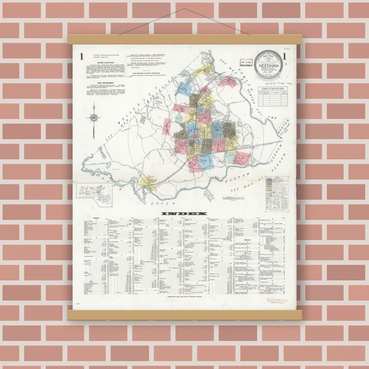 Old map wall art mockup — magnetic wood frame on brick wall — Sanborn Fire Insurance Map from Needham, Norfolk County, Massachusetts (1937) - Complete Map Set