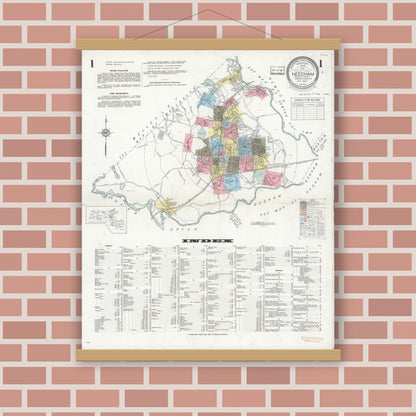 Old map wall art mockup — magnetic wood frame on brick wall — Sanborn Fire Insurance Map from Needham, Norfolk County, Massachusetts (1937) - Complete Map Set