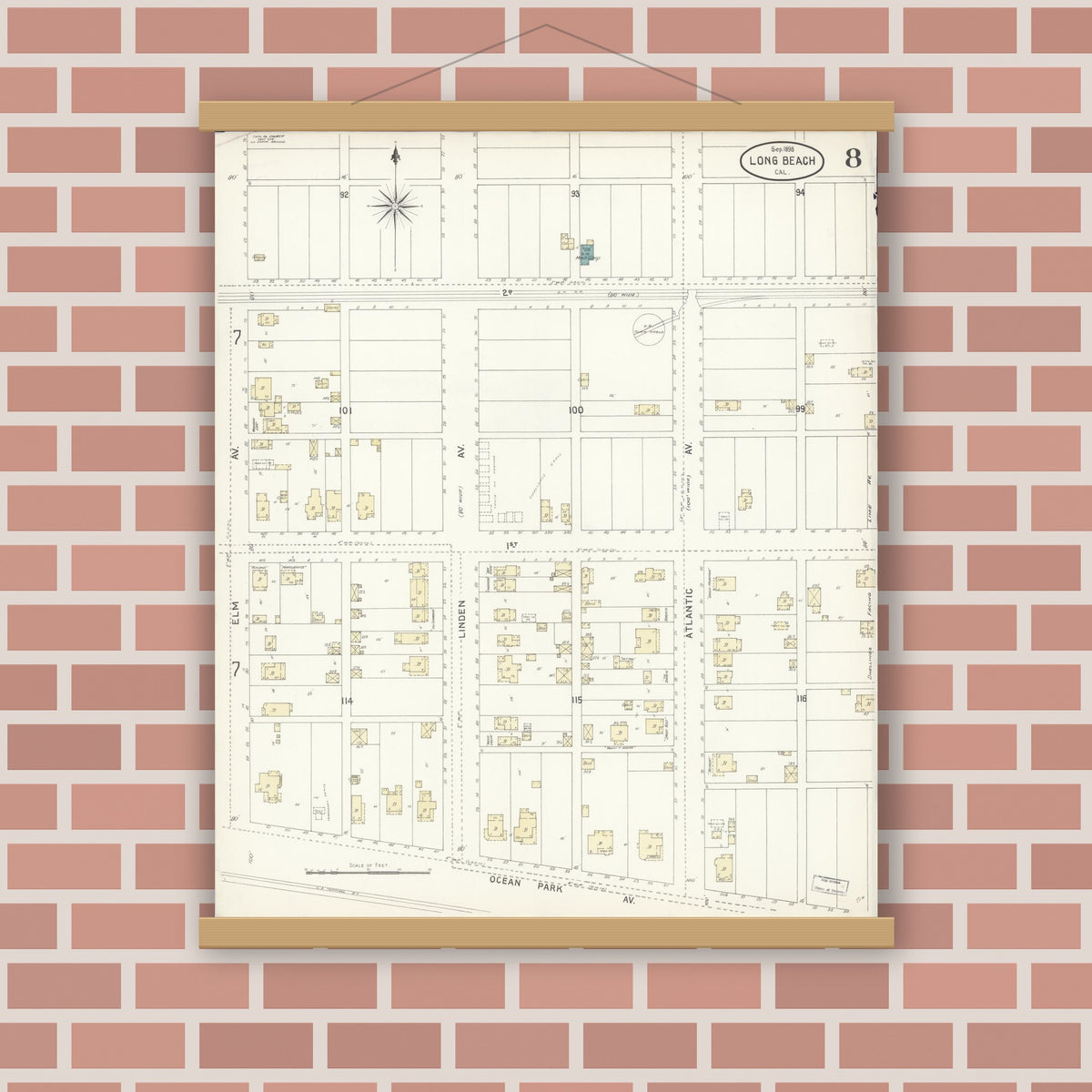 Old map wall art mockup — magnetic wood frame on brick wall — Sanborn Fire Insurance Map from Long Beach, Los Angeles County, California (1898), Sheet #0008