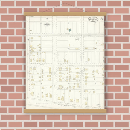 Old map wall art mockup — magnetic wood frame on brick wall — Sanborn Fire Insurance Map from Long Beach, Los Angeles County, California (1898), Sheet #0008