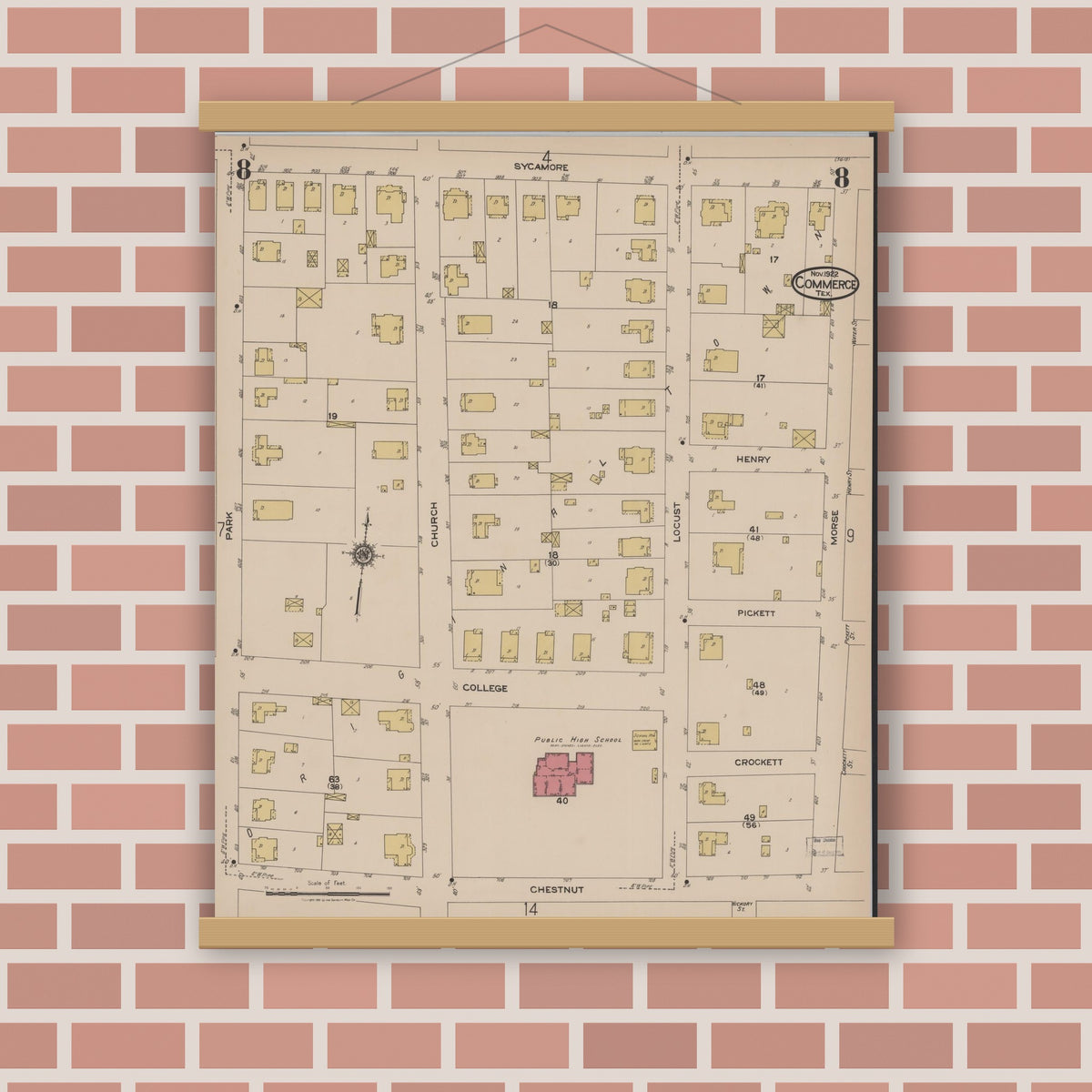 Old map wall art mockup — magnetic wood frame on brick wall — Sanborn Fire Insurance Map from Commerce, Hunt County, Texas (1922), Sheet #0008