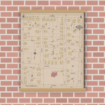 Old map wall art mockup — magnetic wood frame on brick wall — Sanborn Fire Insurance Map from Commerce, Hunt County, Texas (1922), Sheet #0008