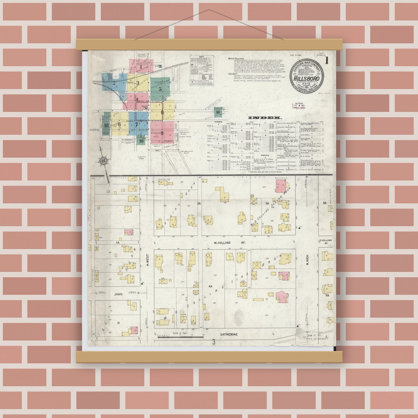 Old map wall art mockup — magnetic wood frame on brick wall — Sanborn Fire Insurance Map from Hillsboro, Highland County, Ohio (1911) - Complete Map Set