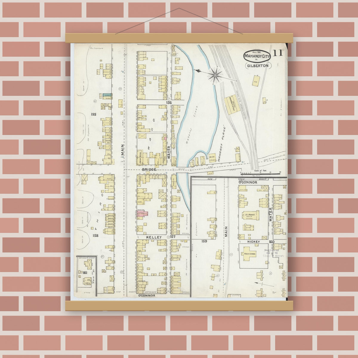 Old map wall art mockup — magnetic wood frame on brick wall — Sanborn Fire Insurance Map from Mahanoy City, Schuylkill County, Pennsylvania (1891), Sheet #0011