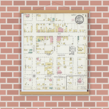 Old map wall art mockup — magnetic wood frame on brick wall — Sanborn Fire Insurance Map from Montpelier, Williams County, Ohio (1893), Sheet #0001