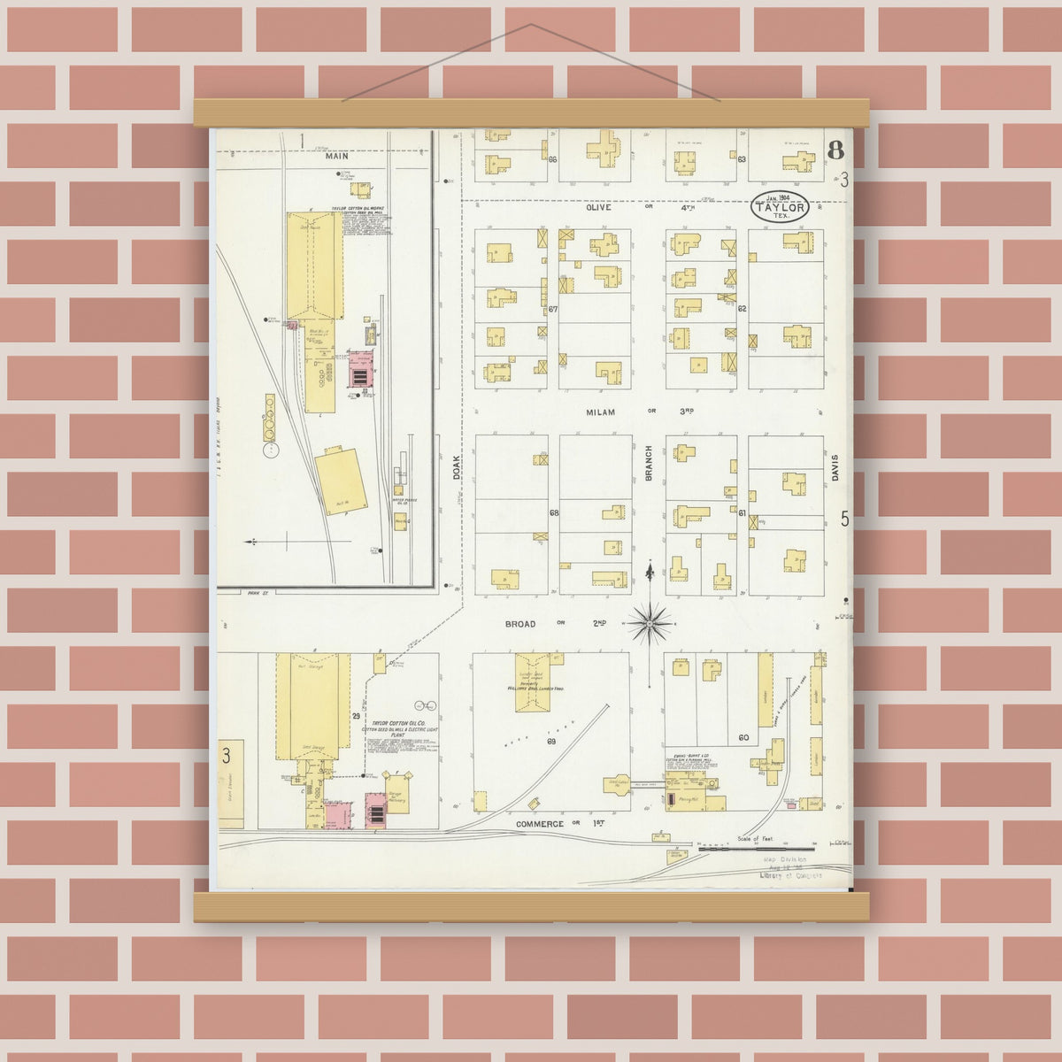Old map wall art mockup — magnetic wood frame on brick wall — Sanborn Fire Insurance Map from Taylor, Williamson County, Texas (1904), Sheet #0008