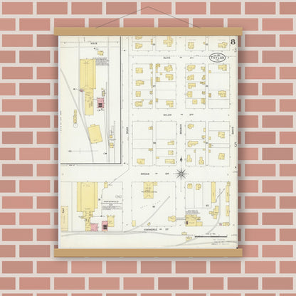 Old map wall art mockup — magnetic wood frame on brick wall — Sanborn Fire Insurance Map from Taylor, Williamson County, Texas (1904), Sheet #0008