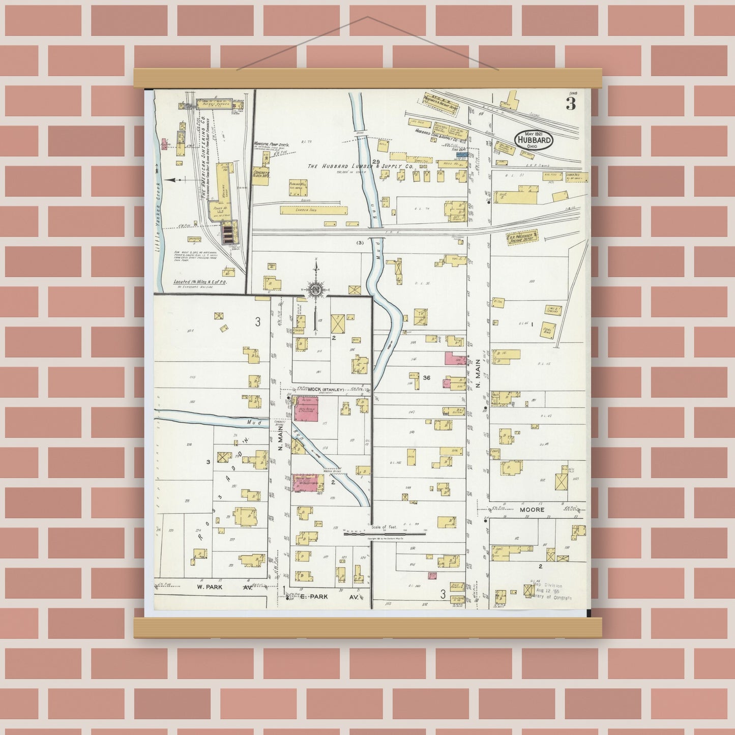 Old map wall art mockup — magnetic wood frame on brick wall — Sanborn Fire Insurance Map from Hubbard, Trumbull County, Ohio (1921), Sheet #0003