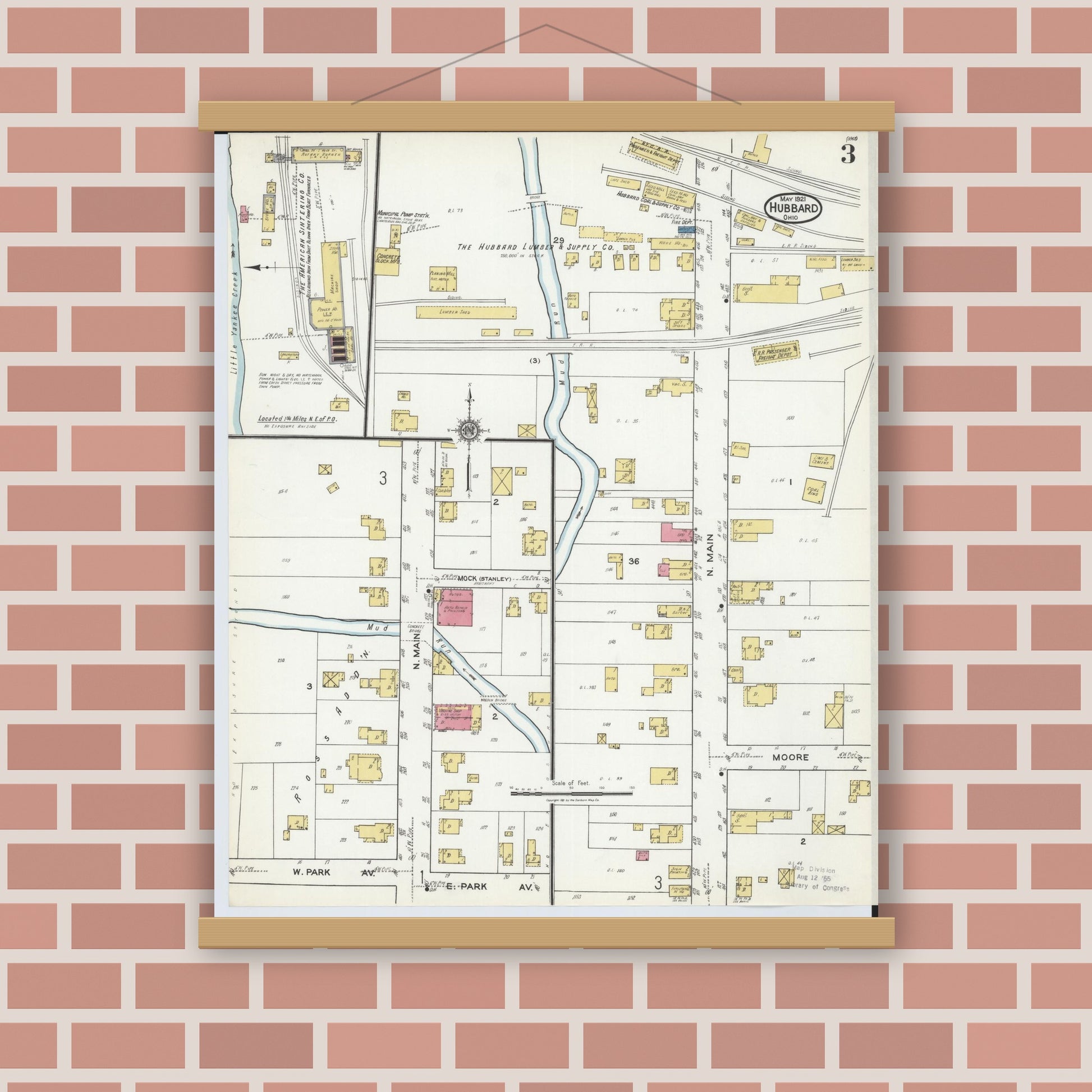 Old map wall art mockup — magnetic wood frame on brick wall — Sanborn Fire Insurance Map from Hubbard, Trumbull County, Ohio (1921), Sheet #0003