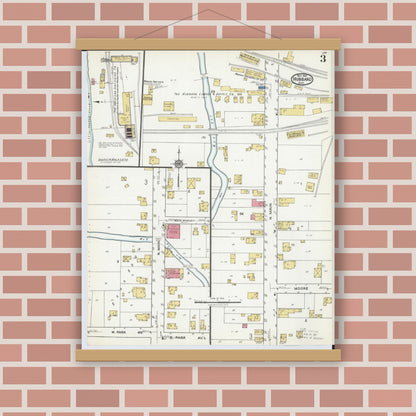 Old map wall art mockup — magnetic wood frame on brick wall — Sanborn Fire Insurance Map from Hubbard, Trumbull County, Ohio (1921), Sheet #0003