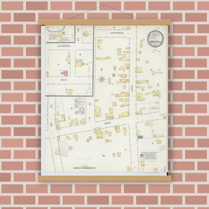 Old map wall art mockup — magnetic wood frame on brick wall — Sanborn Fire Insurance Map from Harrisville, Alcona County, Michigan (1893), Sheet #0001