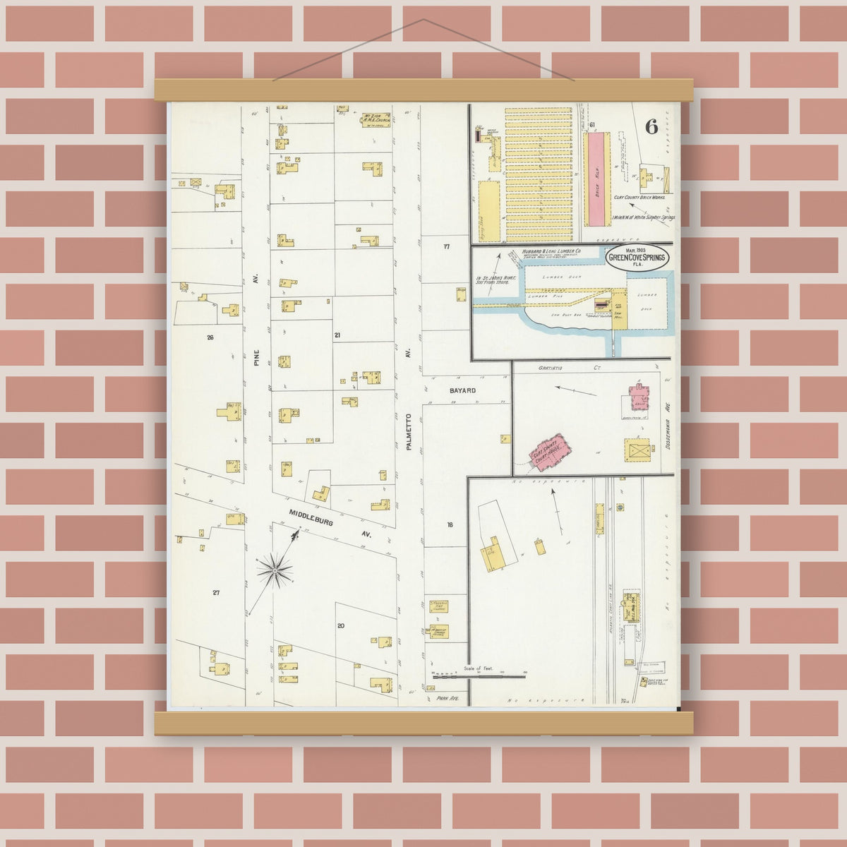 Old map wall art mockup — magnetic wood frame on brick wall — Sanborn Fire Insurance Map from Green Cove Springs, Clay County, Florida (1903), Sheet #0006