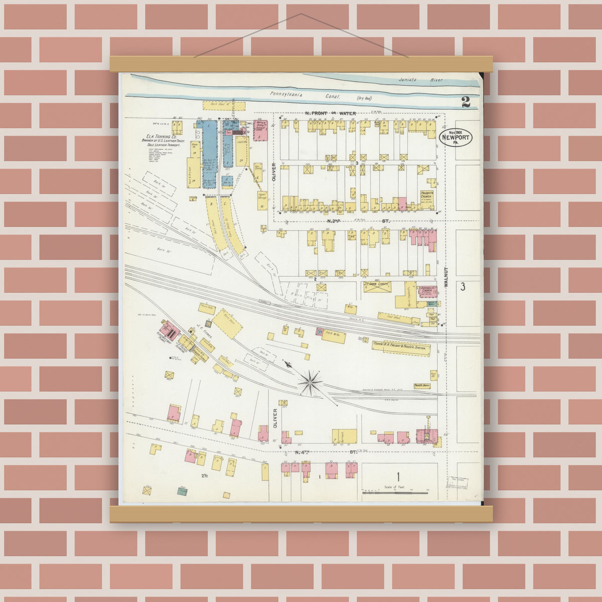 Old map wall art mockup — magnetic wood frame on brick wall — Sanborn Fire Insurance Map from Newport, Perry County, Pennsylvania (1902), Sheet #0002