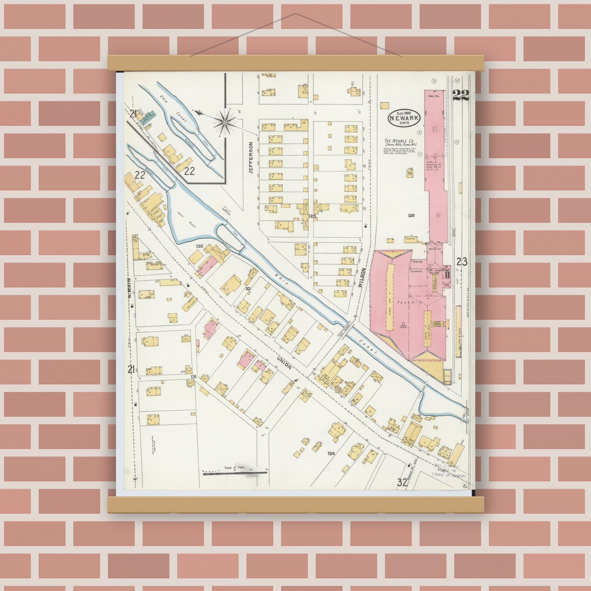 Old map wall art mockup — magnetic wood frame on brick wall — Sanborn Fire Insurance Map from Newark, Licking County, Ohio (1905), Sheet #0022