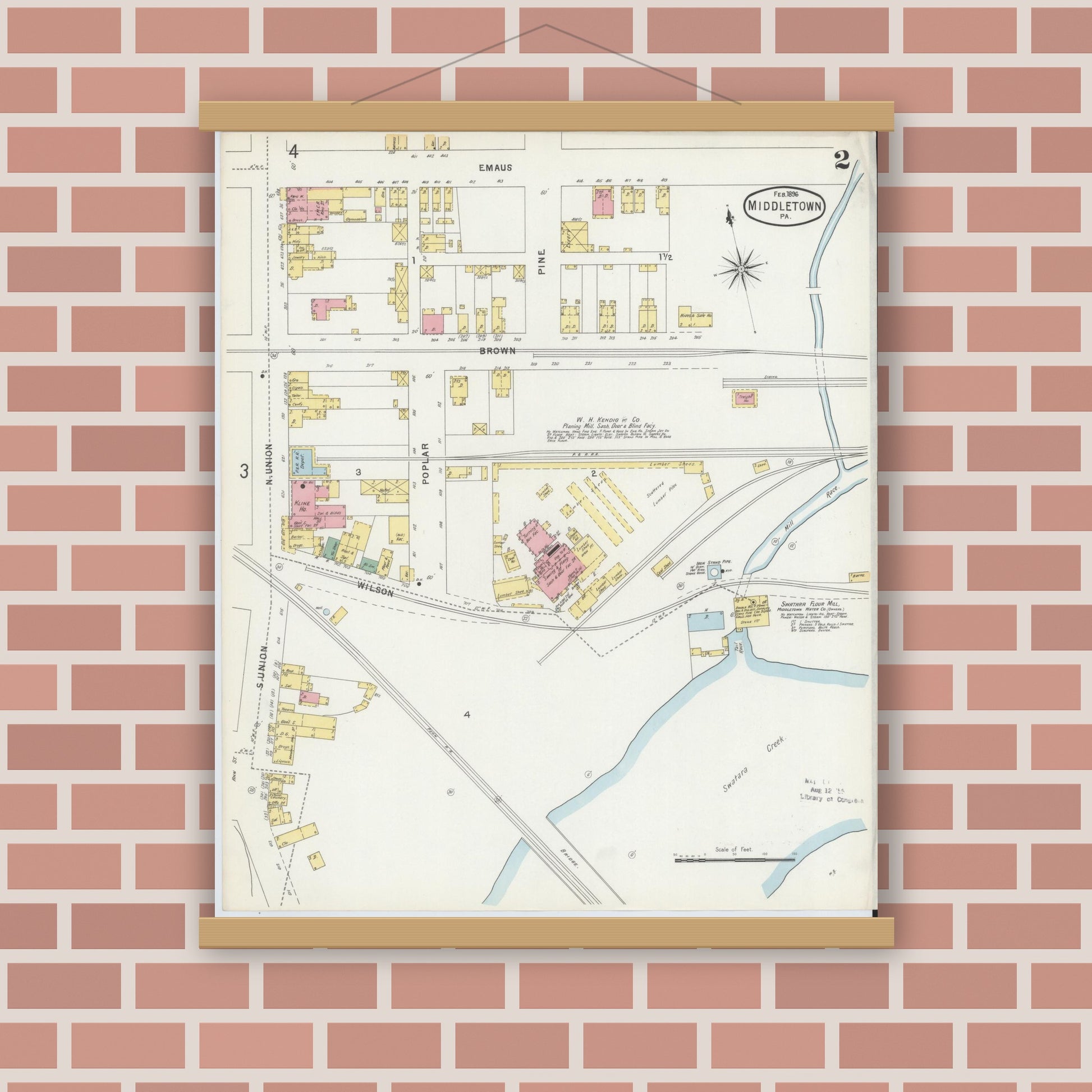 Old map wall art mockup — magnetic wood frame on brick wall — Sanborn Fire Insurance Map from Middletown, Dauphin County, Pennsylvania (1896), Sheet #0002