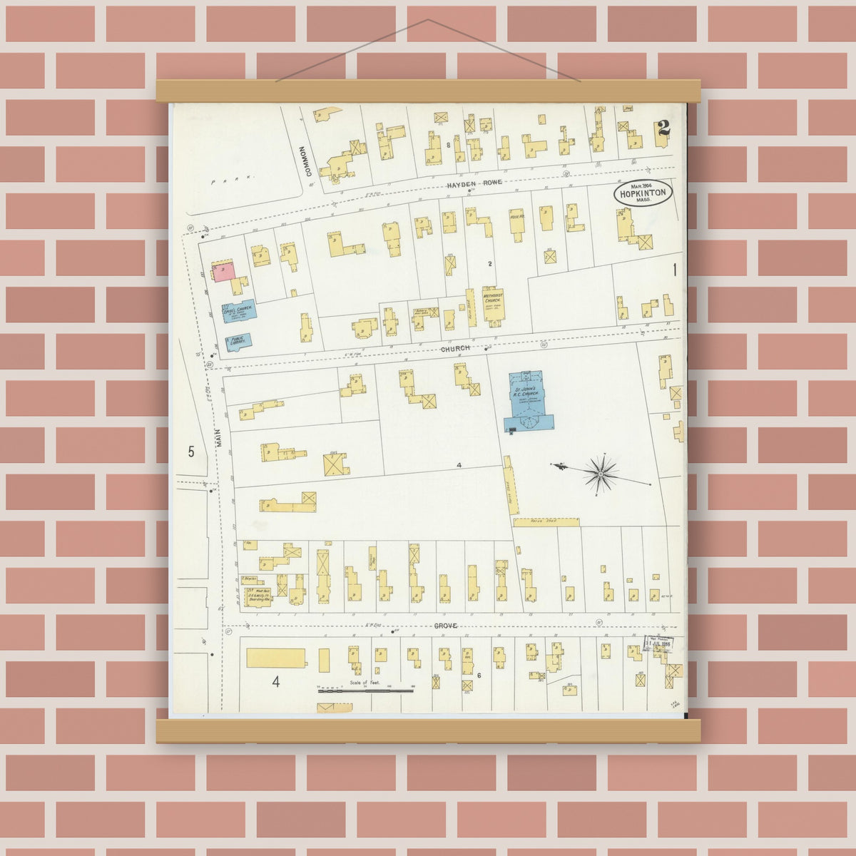 Old map wall art mockup — magnetic wood frame on brick wall — Sanborn Fire Insurance Map from Hopkinton, Middlesex County, Massachusetts (1904), Sheet #0002