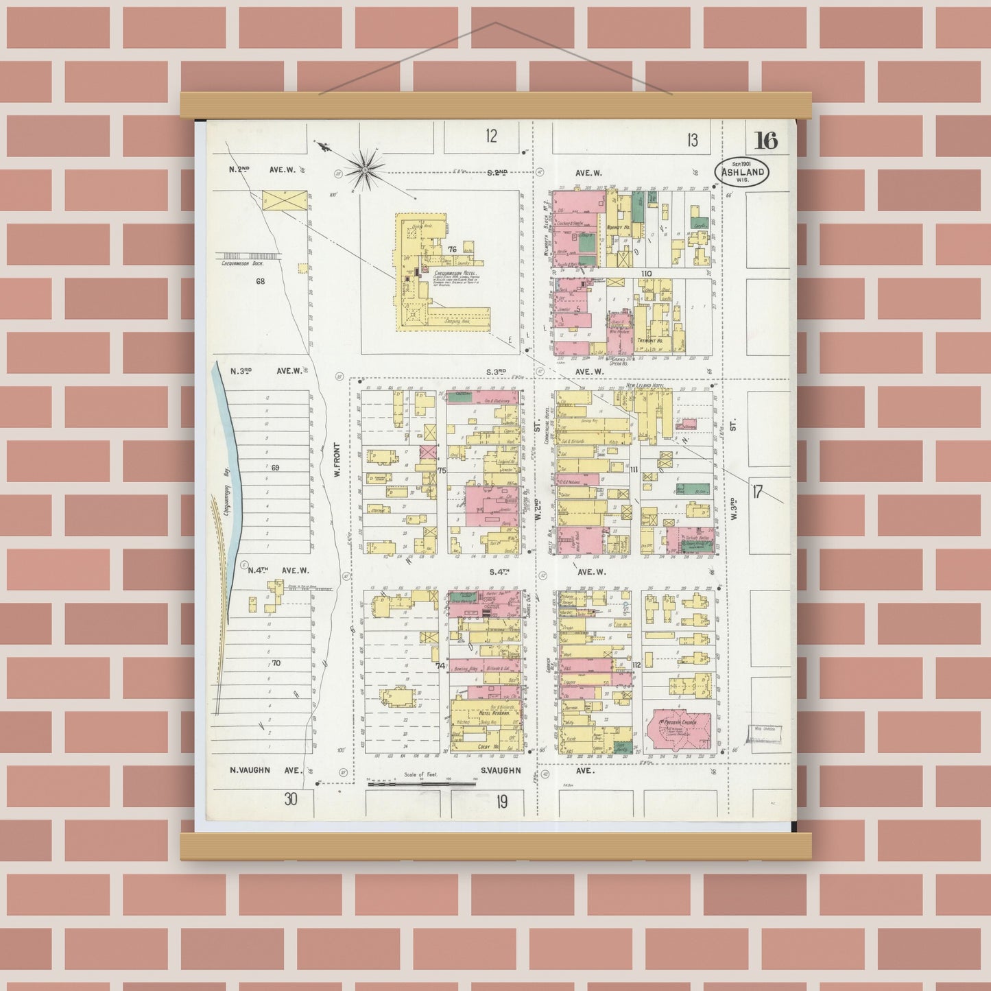 Old map wall art mockup — magnetic wood frame on brick wall — Sanborn Fire Insurance Map from Ashland, Ashland County, Wisconsin (1901), Sheet #0016