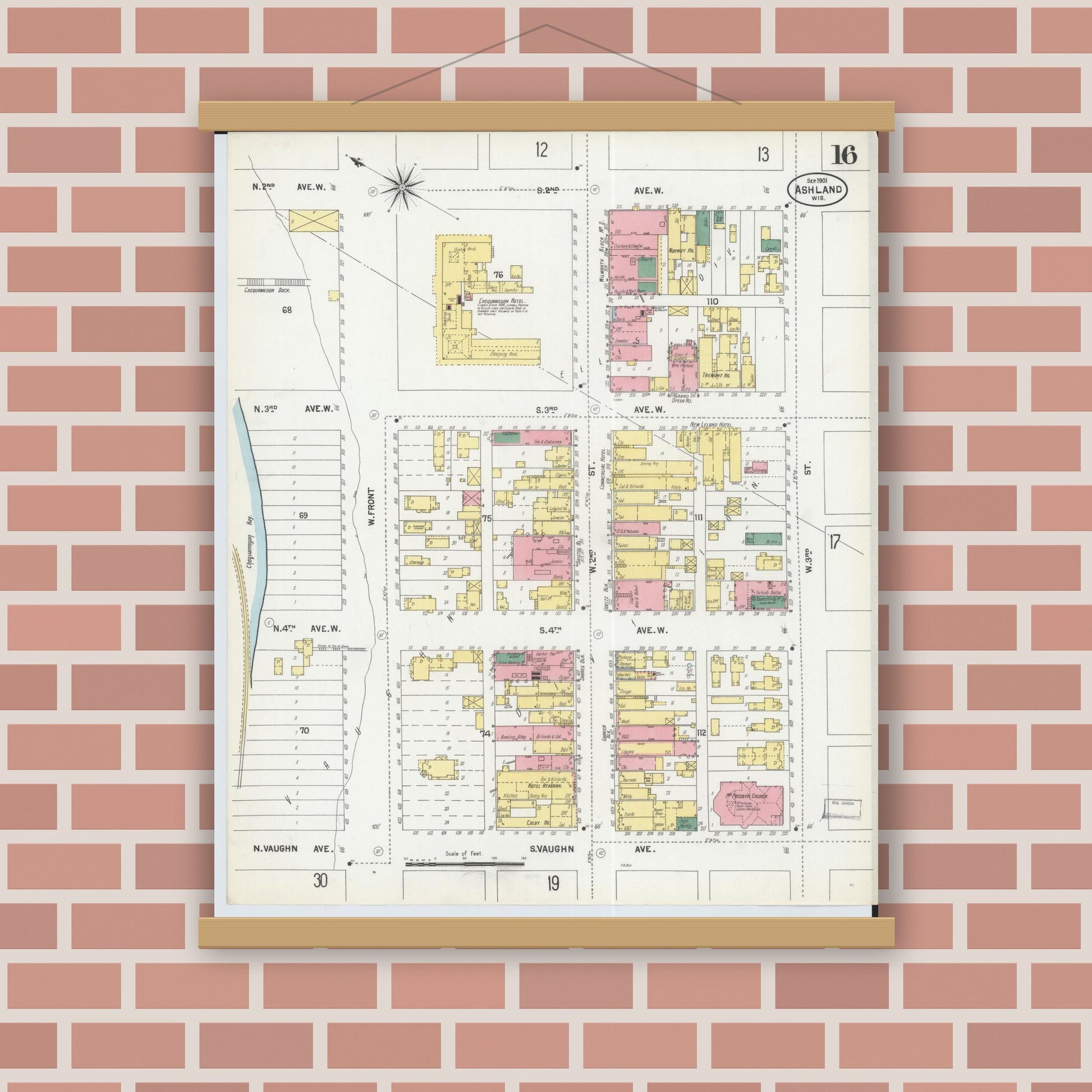 Old map wall art mockup — magnetic wood frame on brick wall — Sanborn Fire Insurance Map from Ashland, Ashland County, Wisconsin (1901), Sheet #0016