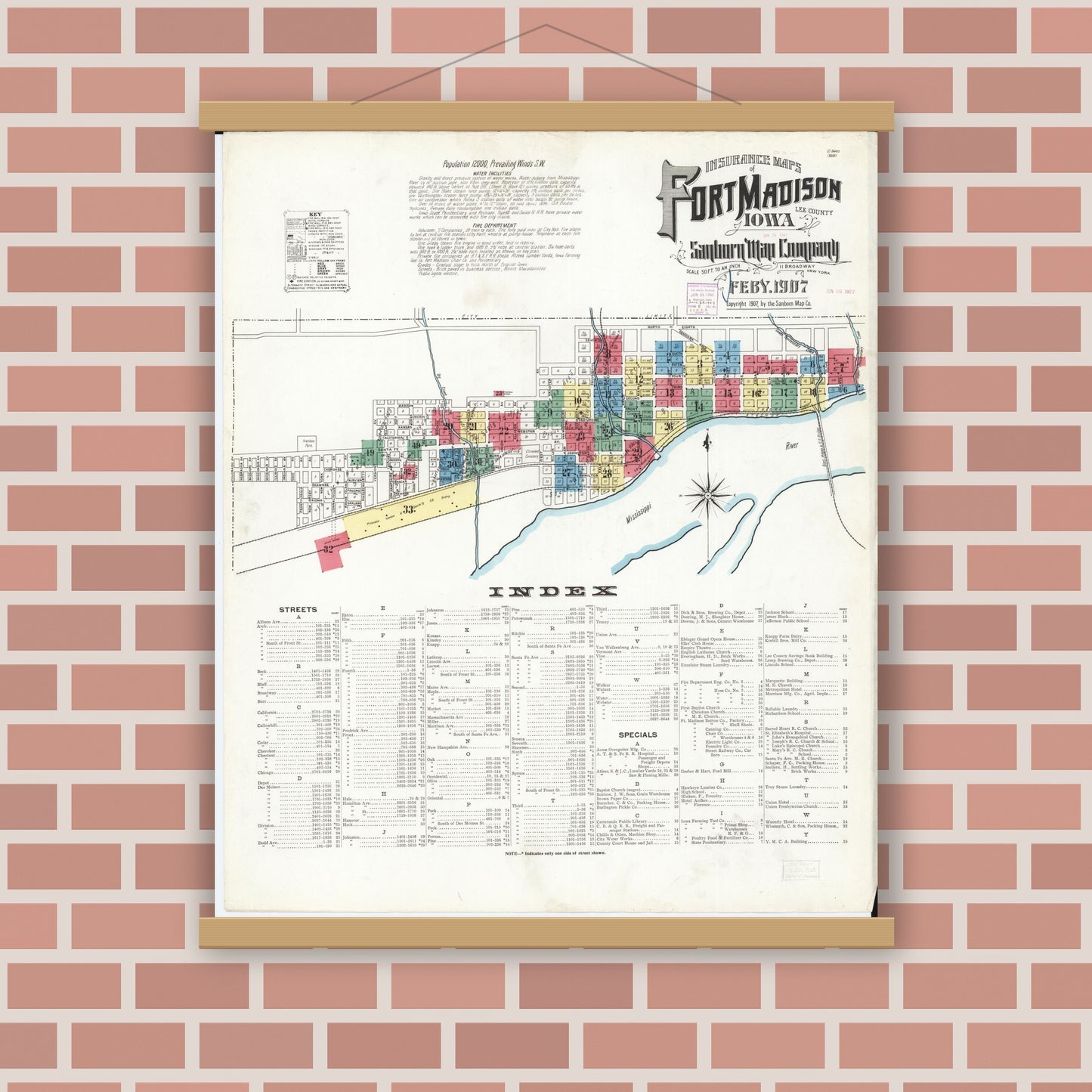 Old map wall art mockup — magnetic wood frame on brick wall — Sanborn Fire Insurance Map from Fort Madison, Lee County, Iowa (1907) â€” Complete Set