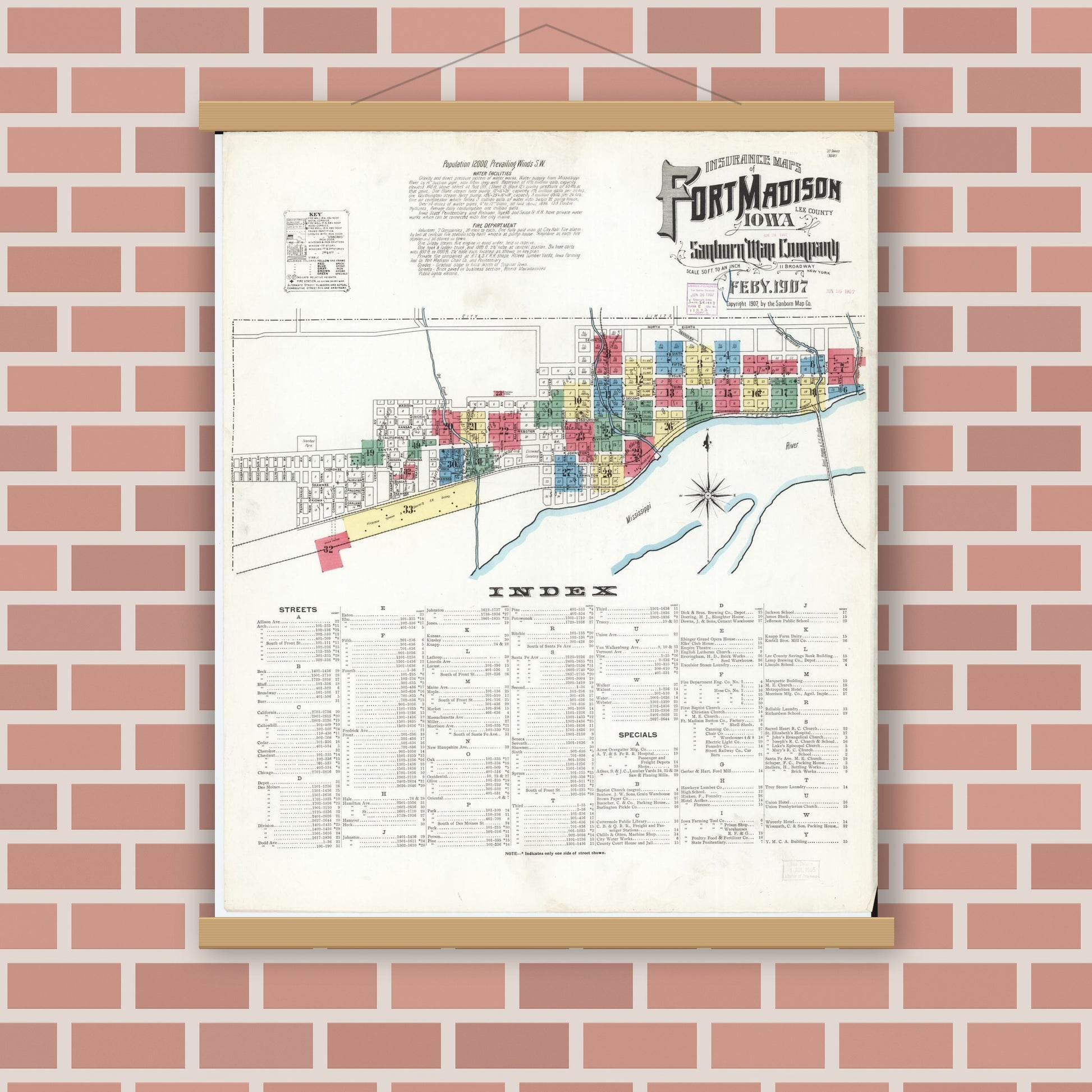 Old map wall art mockup — magnetic wood frame on brick wall — Sanborn Fire Insurance Map from Fort Madison, Lee County, Iowa (1907) â€” Complete Set