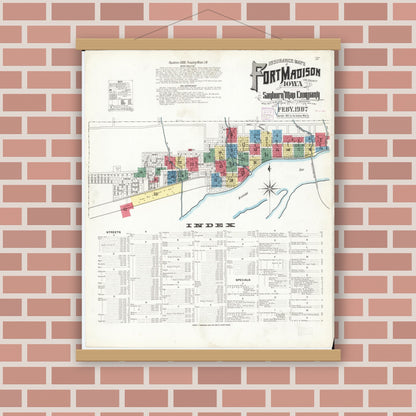 Old map wall art mockup — magnetic wood frame on brick wall — Sanborn Fire Insurance Map from Fort Madison, Lee County, Iowa (1907) â€” Complete Set