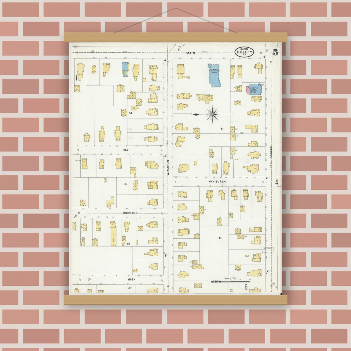 Old map wall art mockup — magnetic wood frame on brick wall — Sanborn Fire Insurance Map from Holley, Orleans County, New York (1904), Sheet #0005