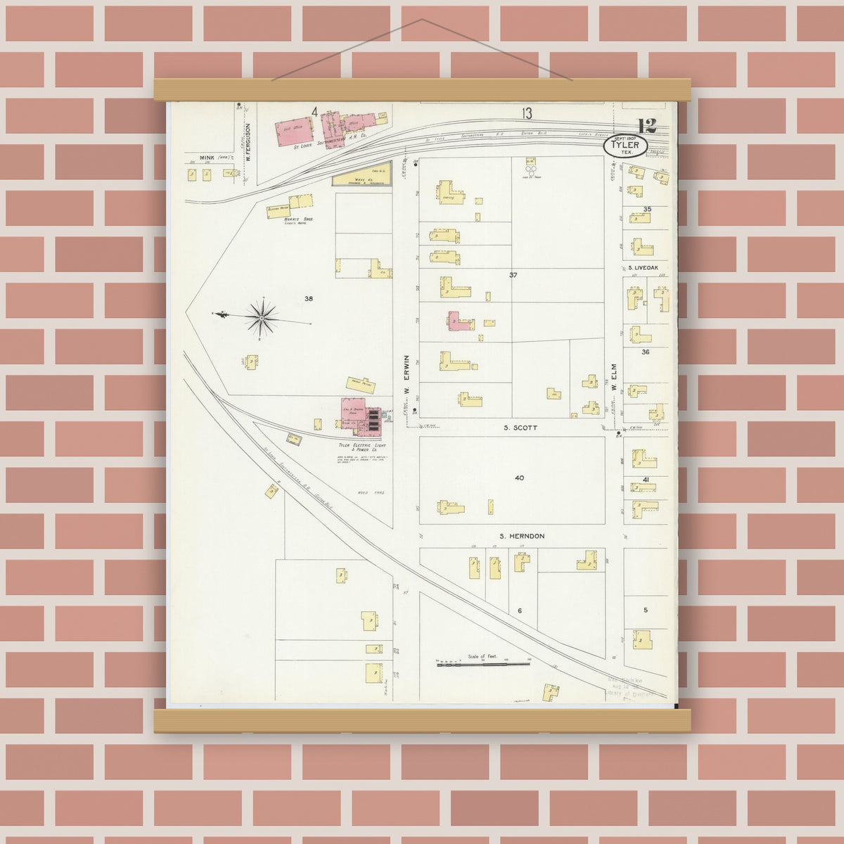 Old map wall art mockup — magnetic wood frame on brick wall — Sanborn Fire Insurance Map from Tyler, Smith County, Texas (1907), Sheet #0012