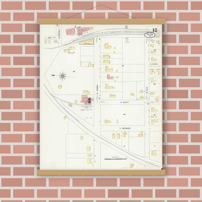 Old map wall art mockup — magnetic wood frame on brick wall — Sanborn Fire Insurance Map from Tyler, Smith County, Texas (1907), Sheet #0012