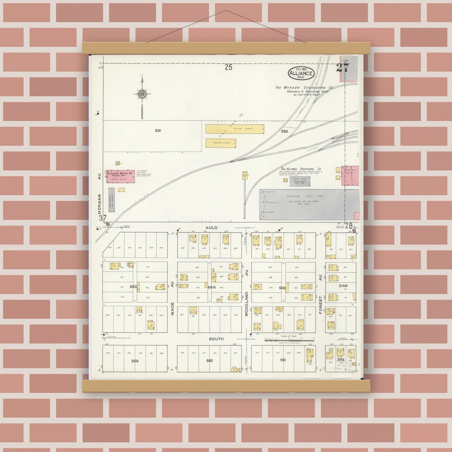 Old map wall art mockup — magnetic wood frame on brick wall — Sanborn Fire Insurance Map from Alliance, Stark County, Ohio (1921), Sheet #0027