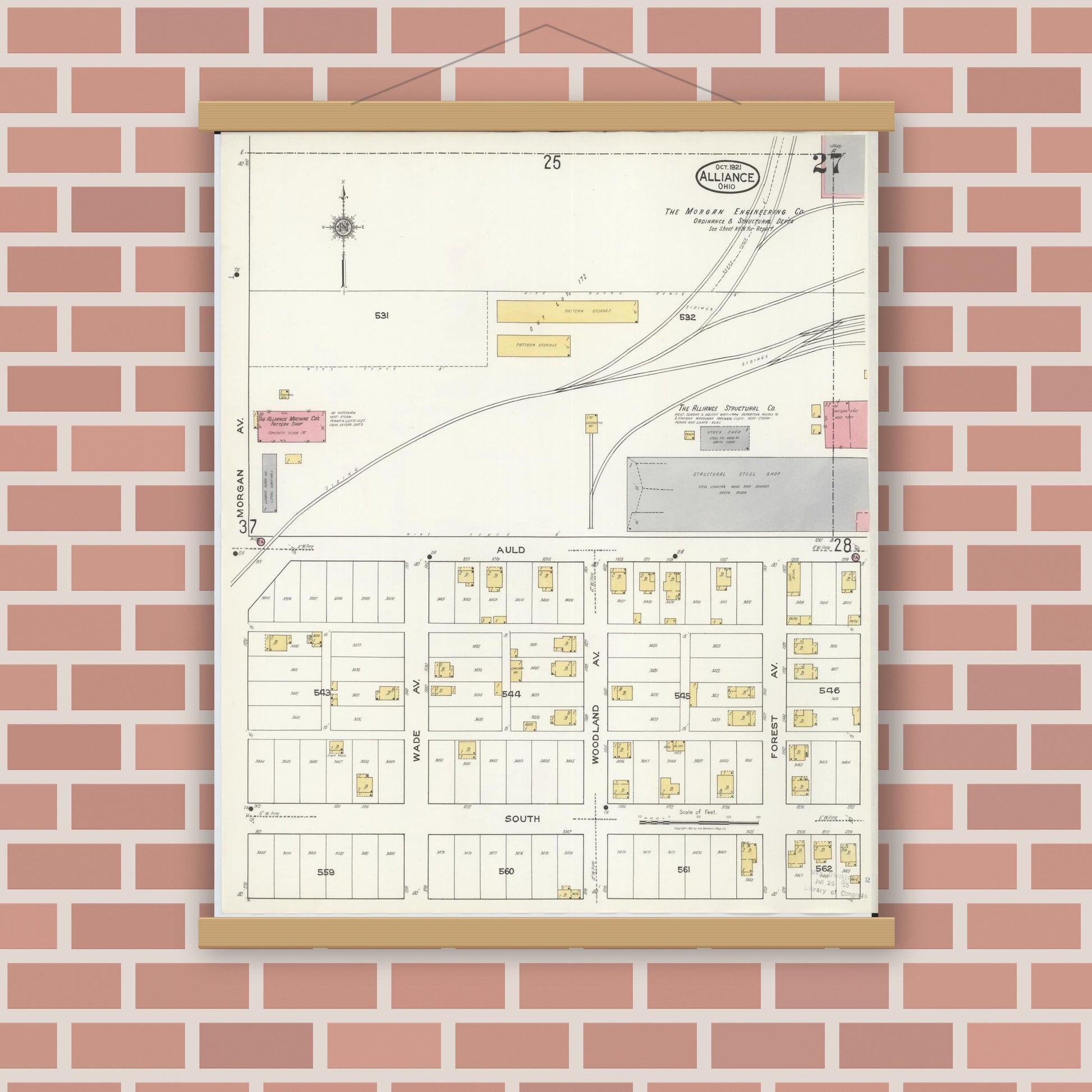 Old map wall art mockup — magnetic wood frame on brick wall — Sanborn Fire Insurance Map from Alliance, Stark County, Ohio (1921), Sheet #0027