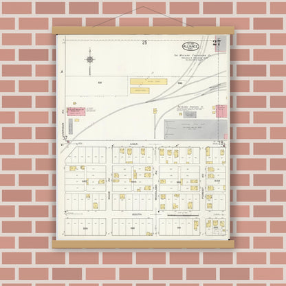 Old map wall art mockup — magnetic wood frame on brick wall — Sanborn Fire Insurance Map from Alliance, Stark County, Ohio (1921), Sheet #0027
