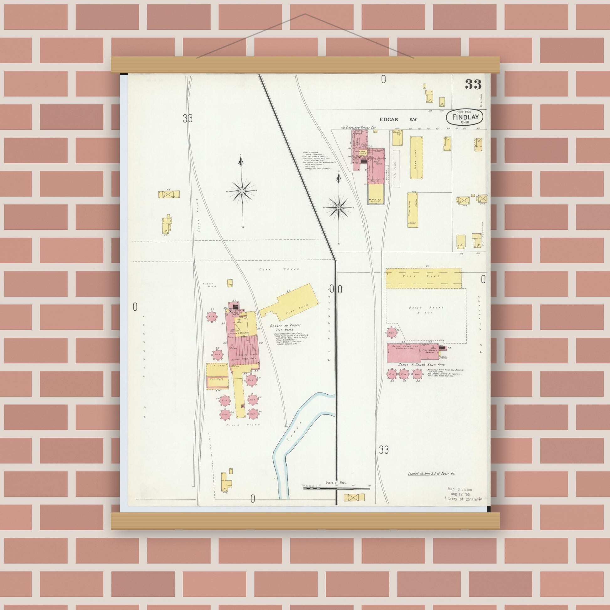 Old map wall art mockup — magnetic wood frame on brick wall — Sanborn Fire Insurance Map from Findlay, Hancock County, Ohio (1901), Sheet #0033