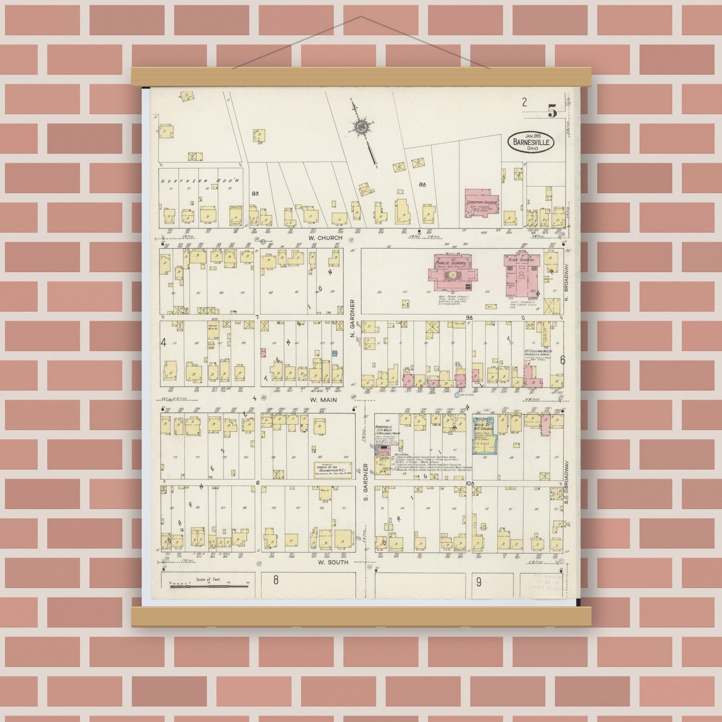 Old map wall art mockup — magnetic wood frame on brick wall — Sanborn Fire Insurance Map from Barnesville, Belmont County, Ohio (1915), Sheet #0005