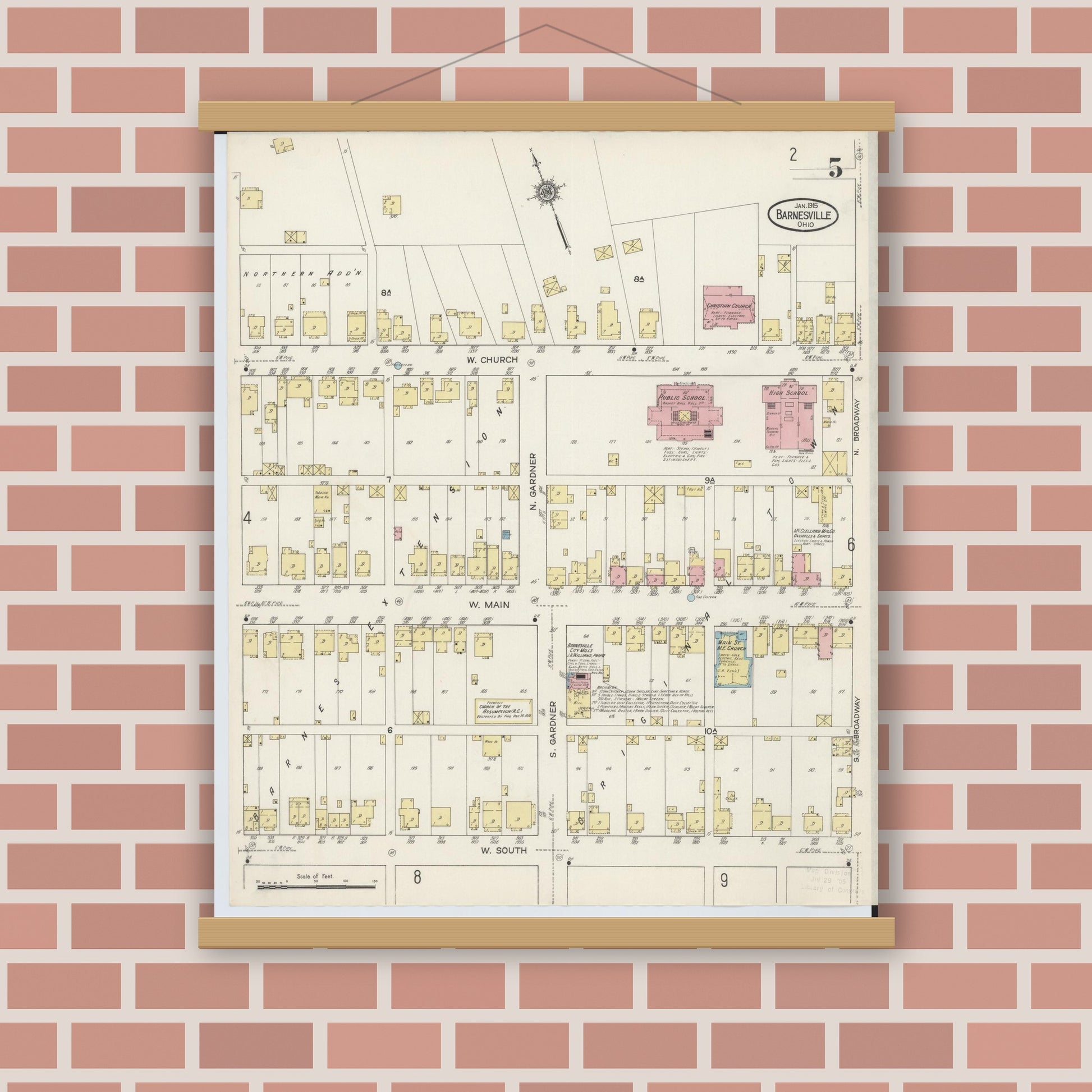 Old map wall art mockup — magnetic wood frame on brick wall — Sanborn Fire Insurance Map from Barnesville, Belmont County, Ohio (1915), Sheet #0005