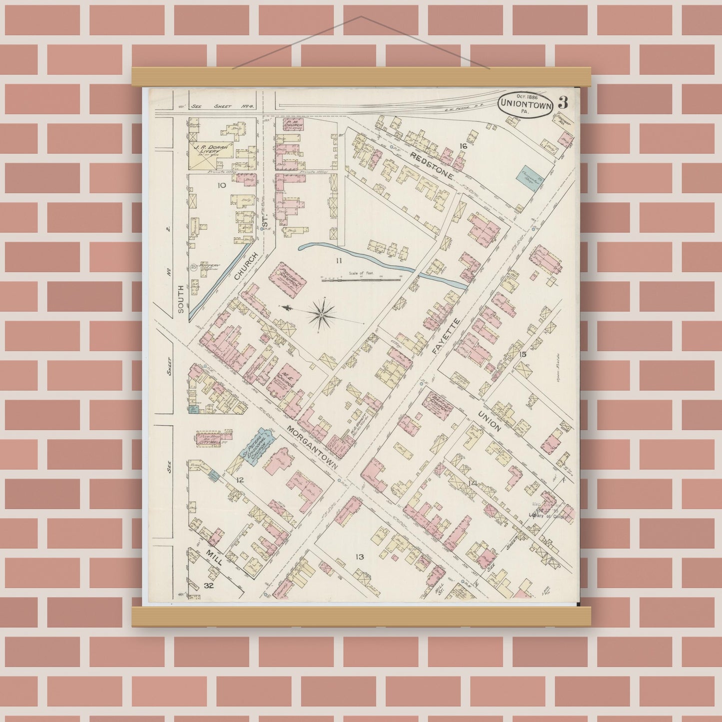 Old map wall art mockup — magnetic wood frame on brick wall — Sanborn Fire Insurance Map from Uniontown, Fayette County, Pennsylvania (1886), Sheet #0003