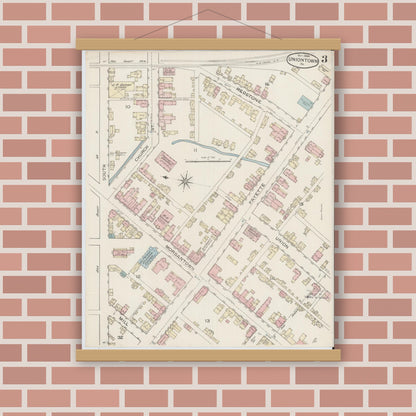 Old map wall art mockup — magnetic wood frame on brick wall — Sanborn Fire Insurance Map from Uniontown, Fayette County, Pennsylvania (1886), Sheet #0003