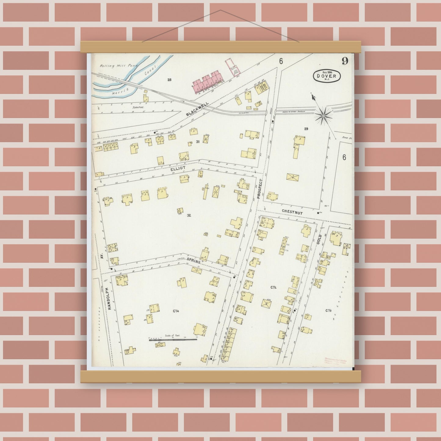 Old map wall art mockup — magnetic wood frame on brick wall — Sanborn Fire Insurance Map from Dover, Morris County, New Jersey (1896), Sheet #0009