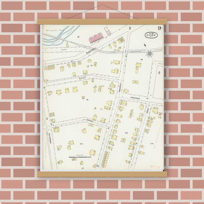 Old map wall art mockup — magnetic wood frame on brick wall — Sanborn Fire Insurance Map from Dover, Morris County, New Jersey (1896), Sheet #0009