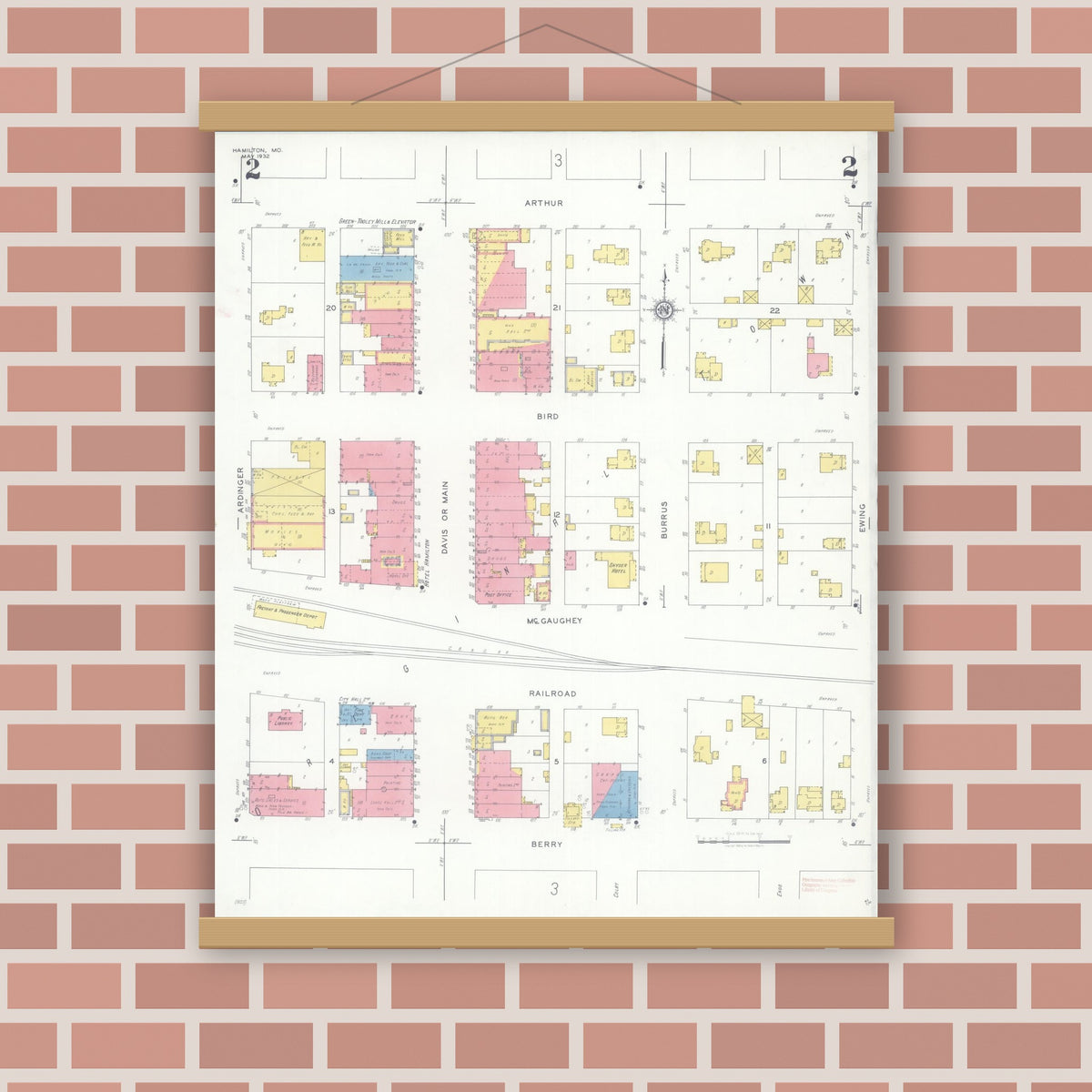 Old map wall art mockup — magnetic wood frame on brick wall — Sanborn Fire Insurance Map from Hamilton, Caldwell County, Missouri (1932), Sheet #0002