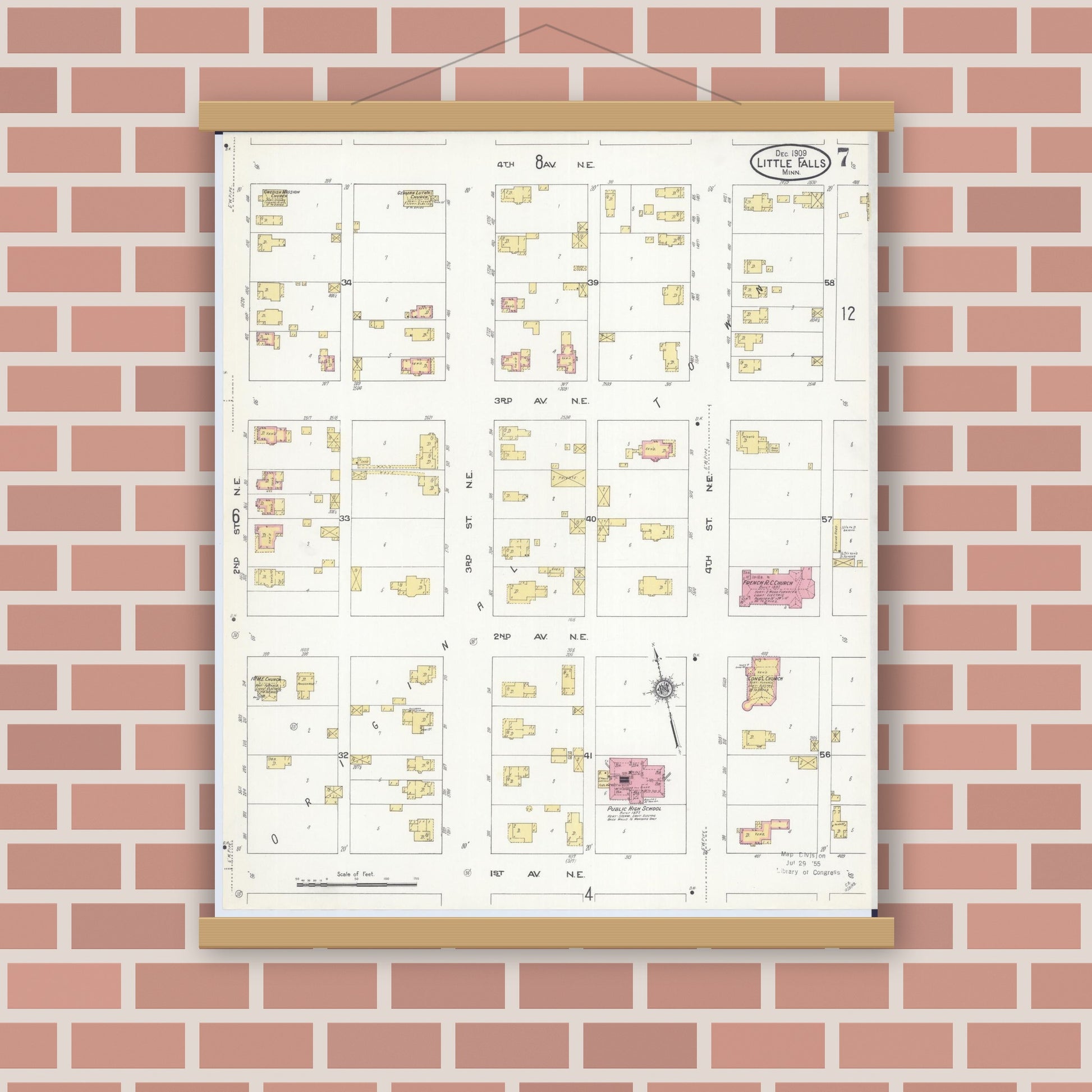 Old map wall art mockup — magnetic wood frame on brick wall — Sanborn Fire Insurance Map from Little Falls, Morrison County, Minnesota (1909), Sheet #0007